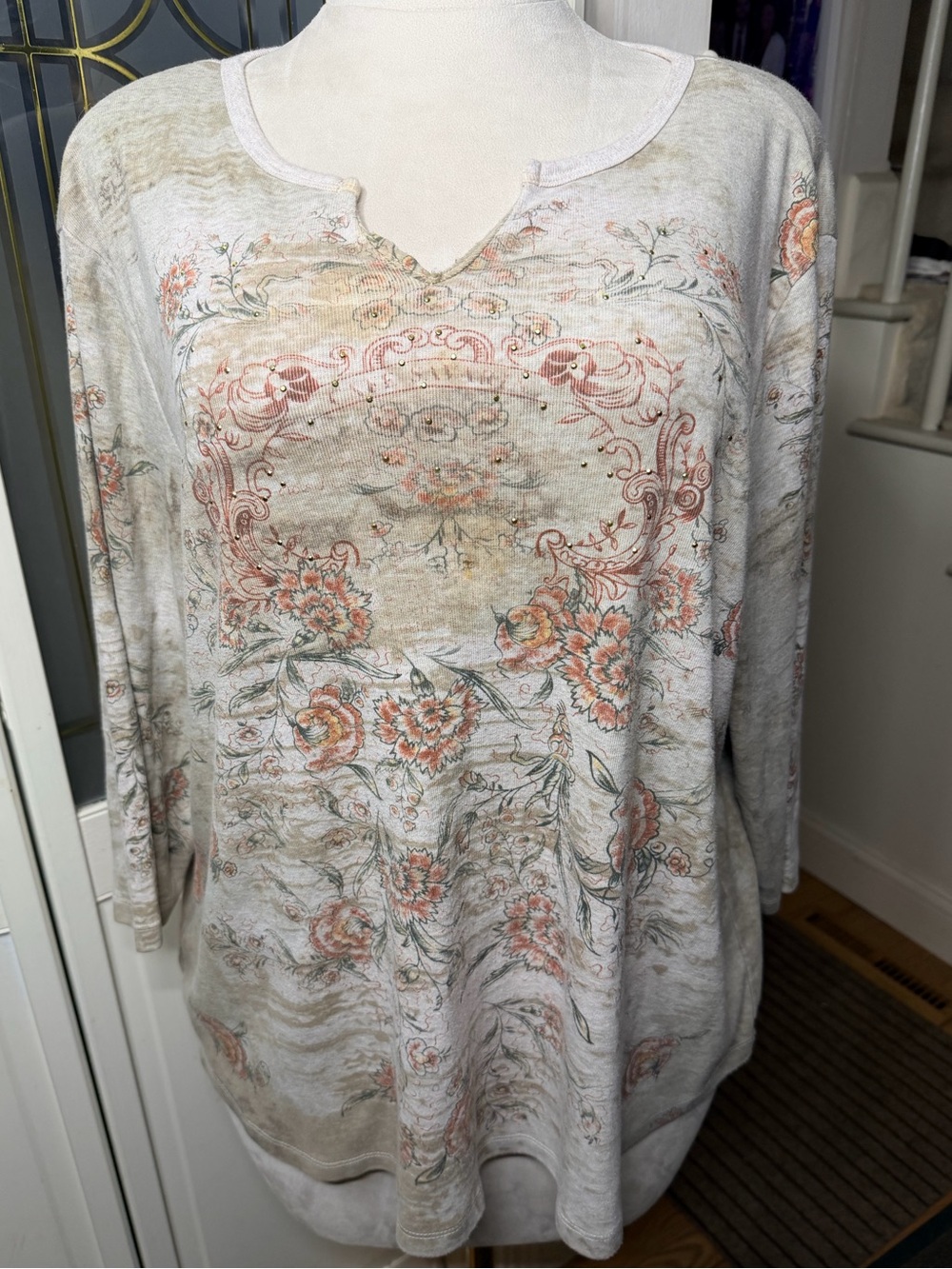 3X Plus Size Vintage Floral Rhinestone Embellished Boho Tunic Top Lagenlook